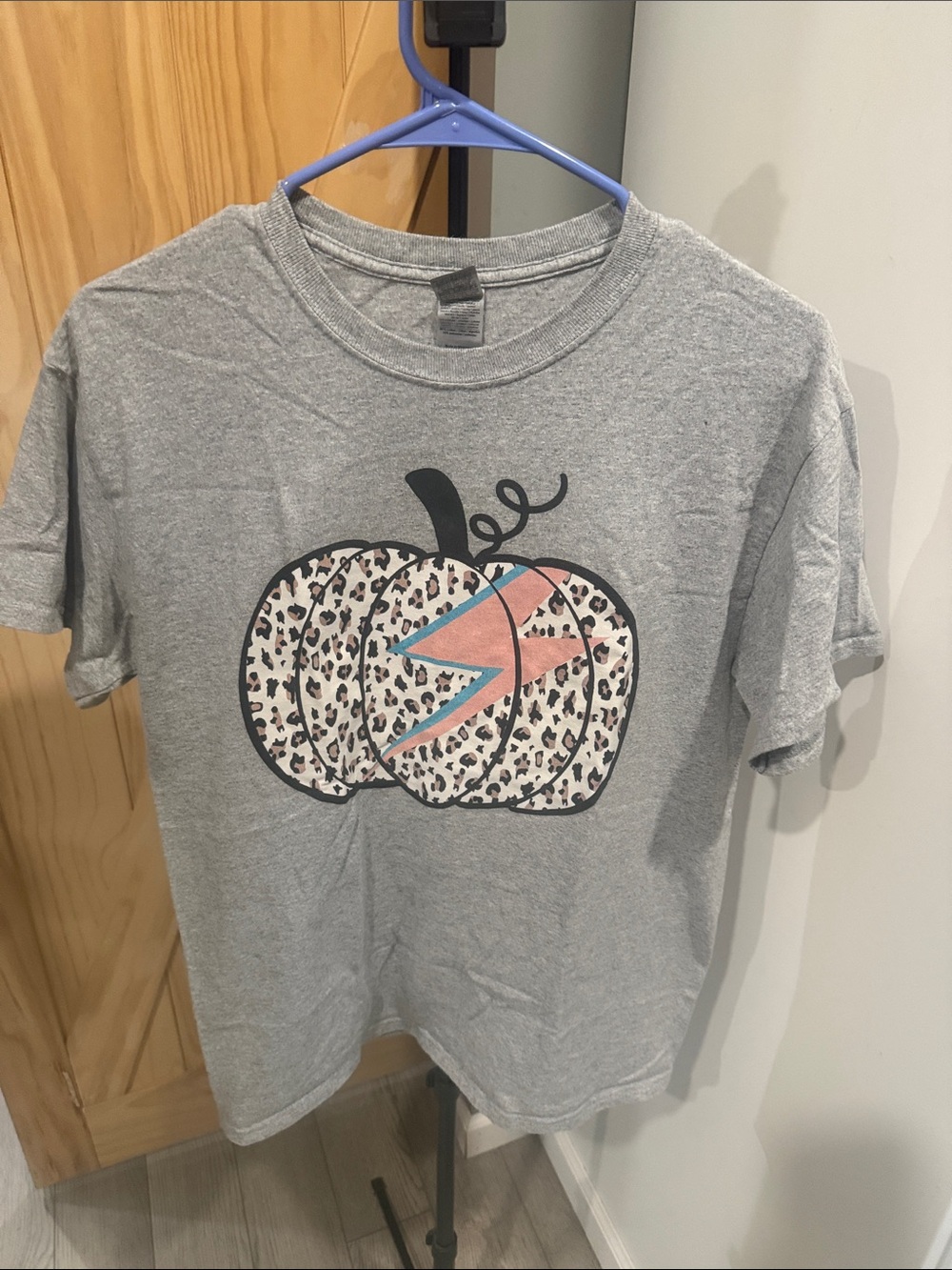 Gildan Gray Tee with Leopard Pumpkin and Pink & Blue Lightning